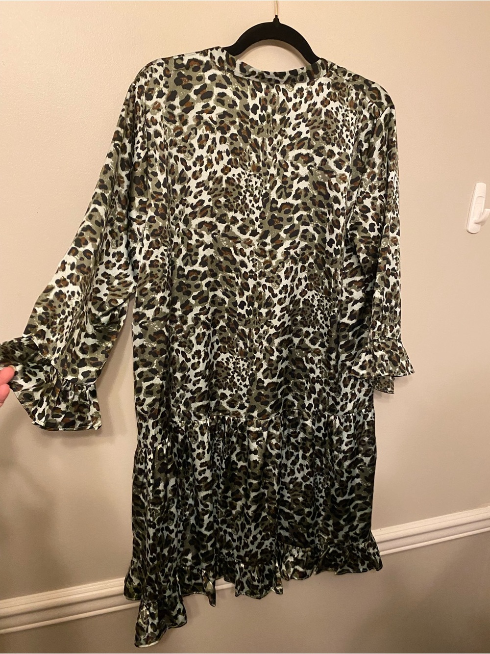 Leopard-Print Long Sleeve Ruffle-Hem Dress in Olive